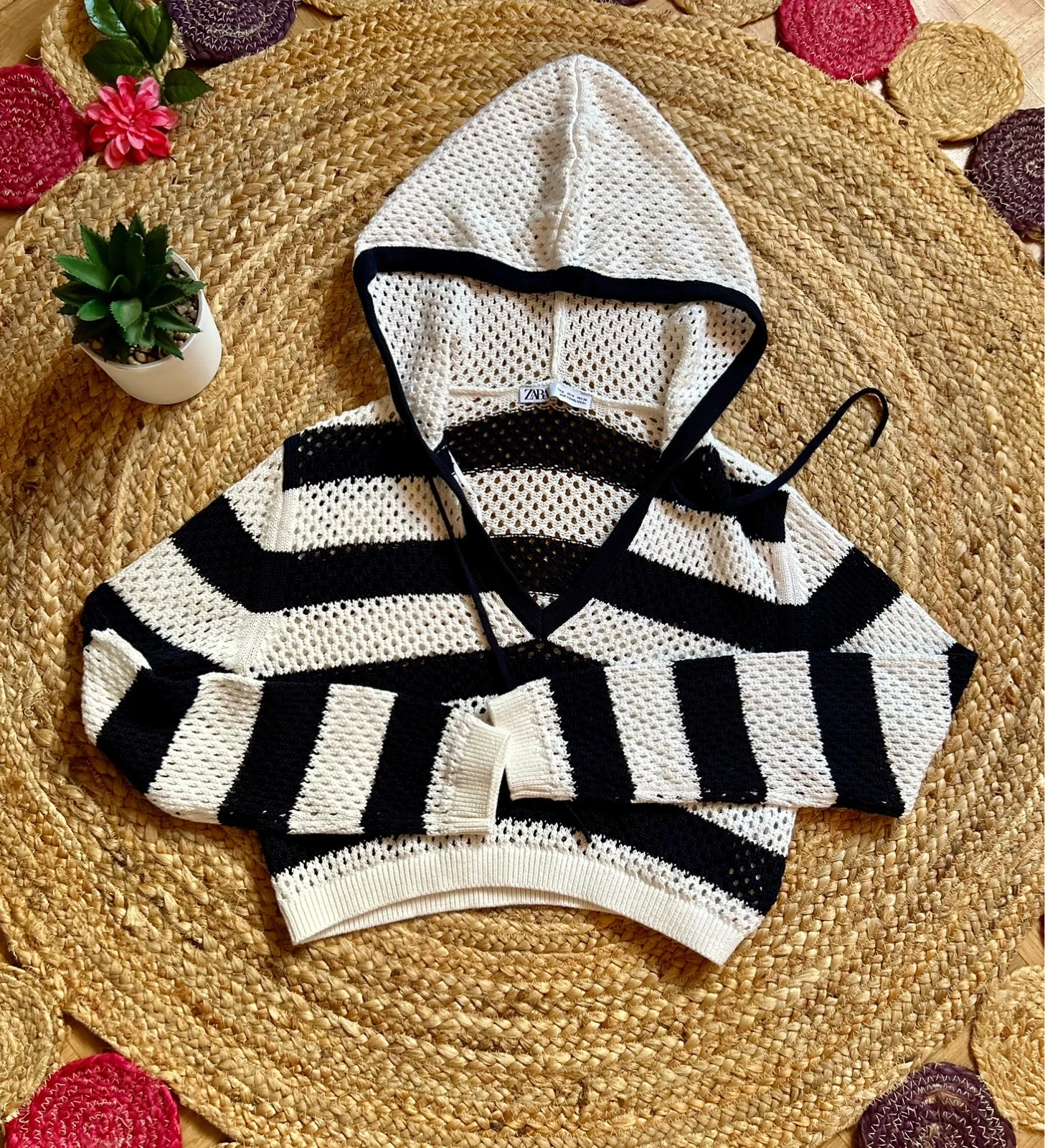 💙🌿Suéter curto de crochê com capuz e listras Y2K Beachwear festival hoodie crop striped sweater S/M🌿💙 – photo 3